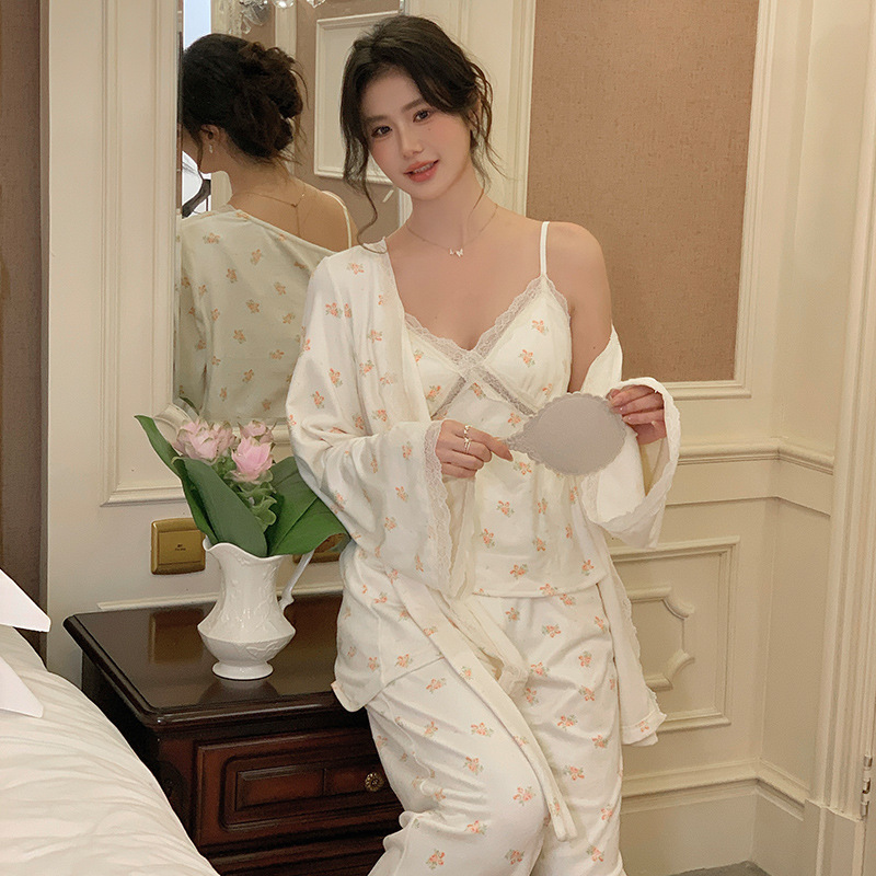 法式睡衣套装吊带女士秋冬款水貂绒甜美印花可外穿长裤睡衣三件套|undefined
