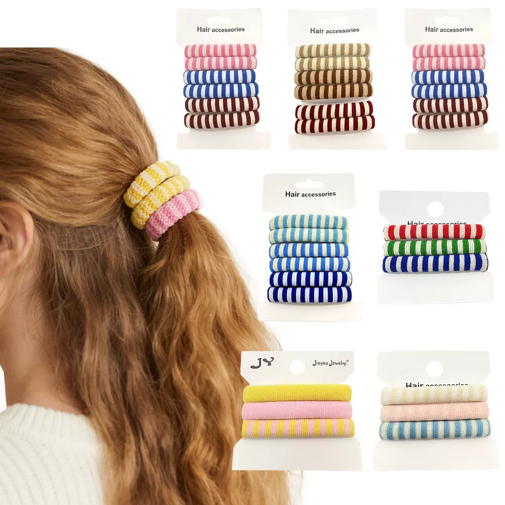 外贸出口跨境原单运动少女复古条纹高弹力不伤发毛巾圈女发饰套装