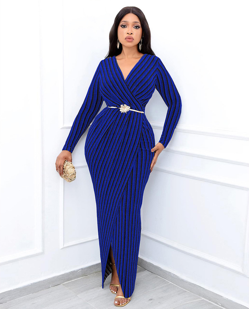 Women's Sheath Dress Vintage Style V Neck Long Sleeve Stripe Maxi Long Dress Daily display picture 17