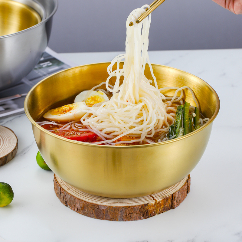 Venta al por mayor de fideos fríos de estilo coreano comercial de acero inoxidable ensaladera tazón de ensalada de frutas y verduras con escala de mezcla de Corea del Sur