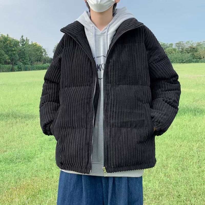 港风冬季新款潮牌棉袄外套玉米格加厚棉衣面包服2024秋冬潮男