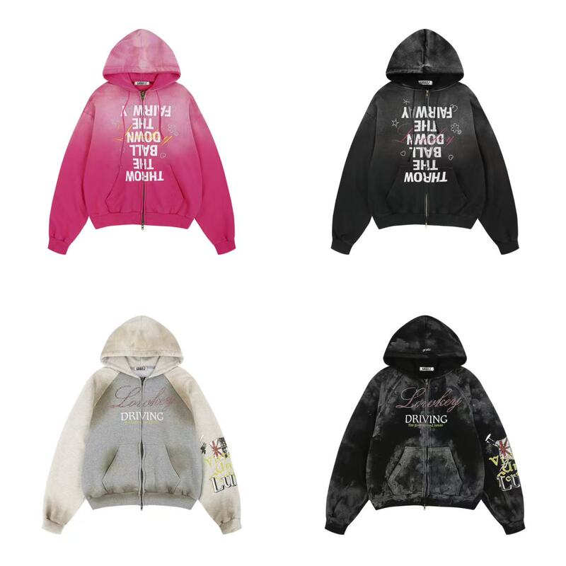 2026 Retro Distressed Dirty-Dyed Gradient Faded Rhinestone Zipper Hoodie Sweatshirt Jacket Short Style Korean 2026 Retro Distressed Dirty-Dyed Gradient Faded Rhinestone Zipper Hoodie Sweatshirt Jacket Short Style Korean