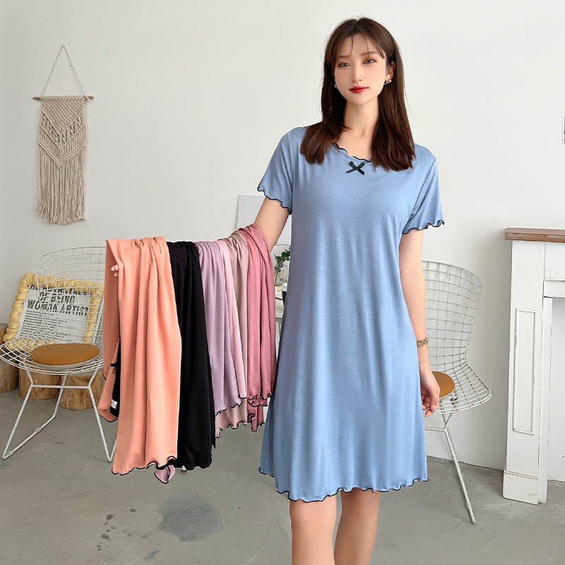 Modal Ear-Shaped Short-Sleeved Nightgown for Women Summer Plus Size Home Skirt Casual Pure Color V Neck Long Skirt Can Be Worn Outside