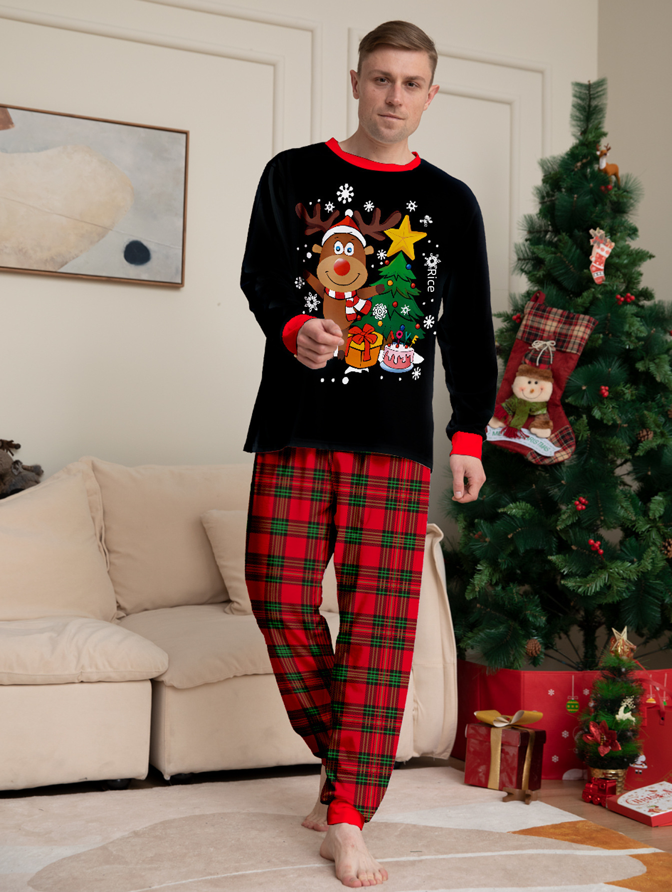 Amazon AliExpress 2024 Christmas cartoon elk letter Christmas tree printing parent-child Christmas suit pajamas