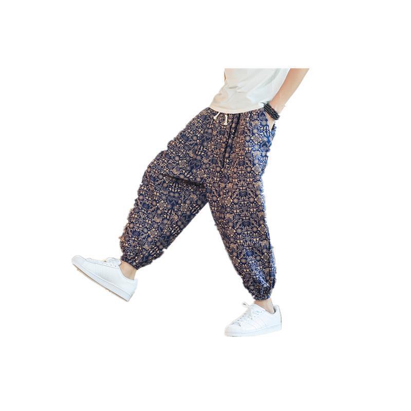 Verano estilo chino jaulas para hombres pantalones harem sueltos pantalones anchos estampados de algodón y lino de gran tamaño pantalones recortados hombres