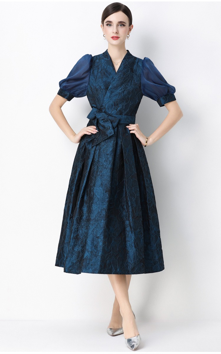 Đầm maxi nữ thắt eo V cổ tay ngắn họa tiết jacquard thanh lịch — màu đen, xanh lam, Màu hồng, màu trắng chi tiết 33