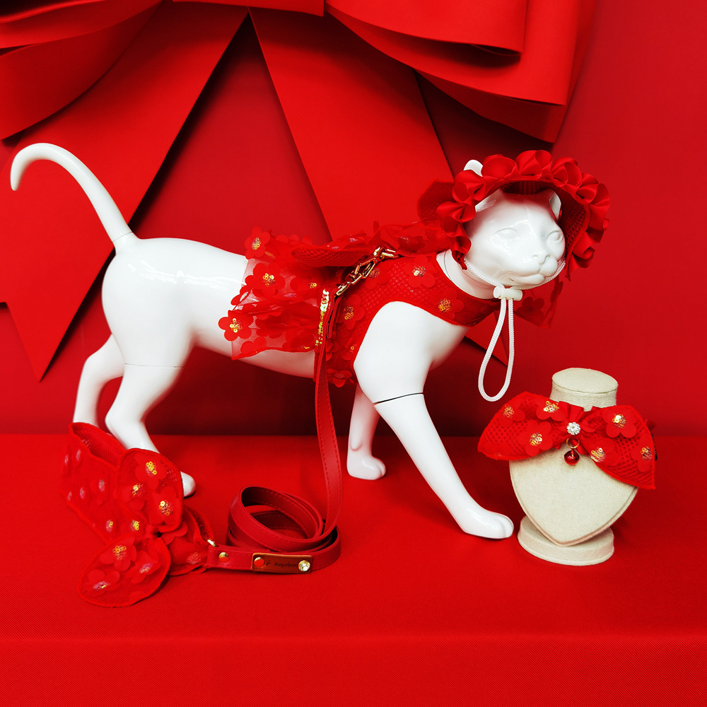 angel Amy new pattern Jubilation Pets clothes gules Wedding dress three-dimensional Flower Tow full dress Cat Clothes