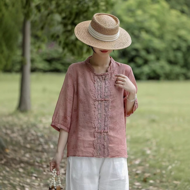 2025 New Summer Style Burnt Hemp Lace Pullover Top Retro Literary Style Three-Quarter Sleeve Lace Elegant Shirt