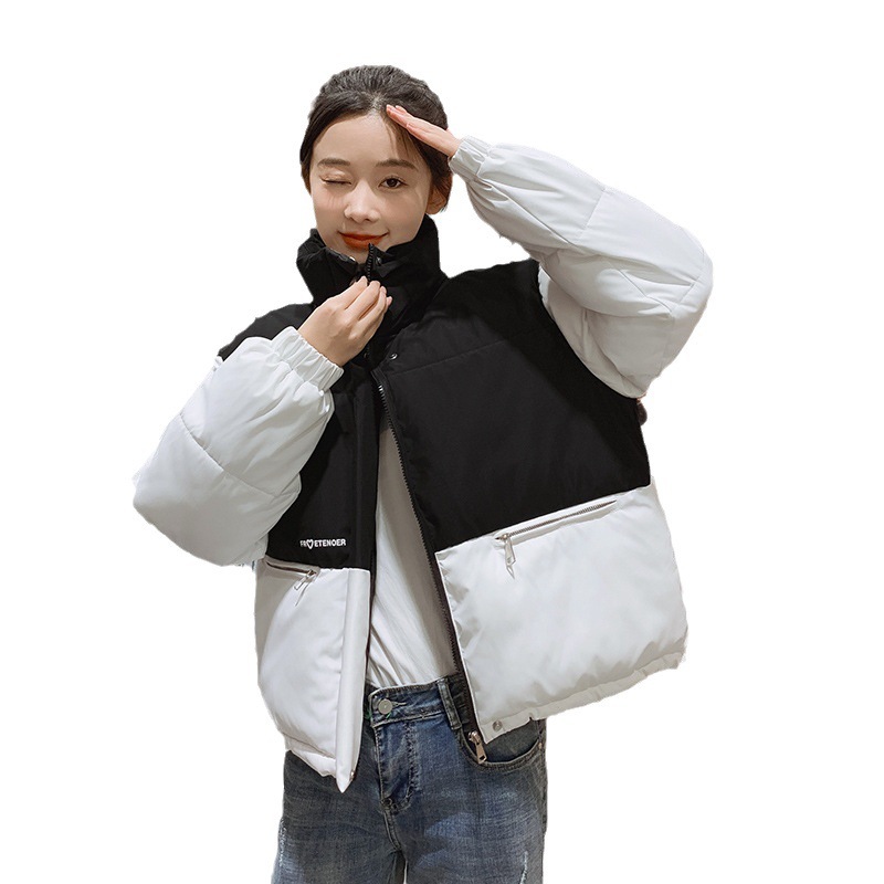 欧米の新しいパンの服は色を合わせて短いタイプの羽毛の綿服をつなぎ合わせて縄を引きます。|undefined
