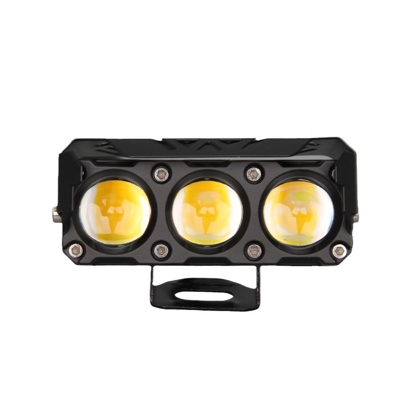 Spotlight de motocicleta tres perlas LED 60W amarillo blanco luz láser de paso alto faro eléctrico tres ojos luz fuerte