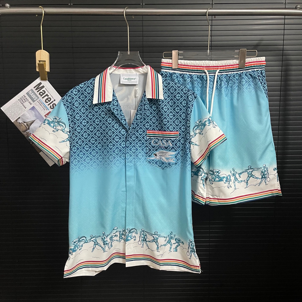 유럽과 미국의 패션 브랜드 카 카사 봄과 여름 새로운 남성 반팔 셔츠 비치 바지 세트 하와이안 셔츠 대외 무역