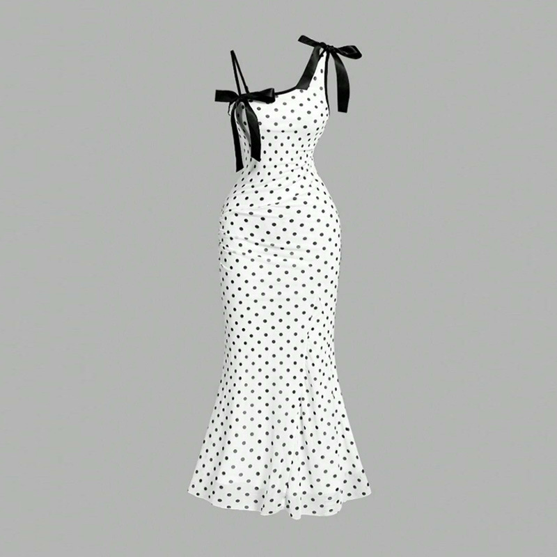 European and American Fashion Elegant Pure Desire Sexy Lv Women's Polka Dot Pleated Slim Fit Bodycon Mermaid Strap Dress