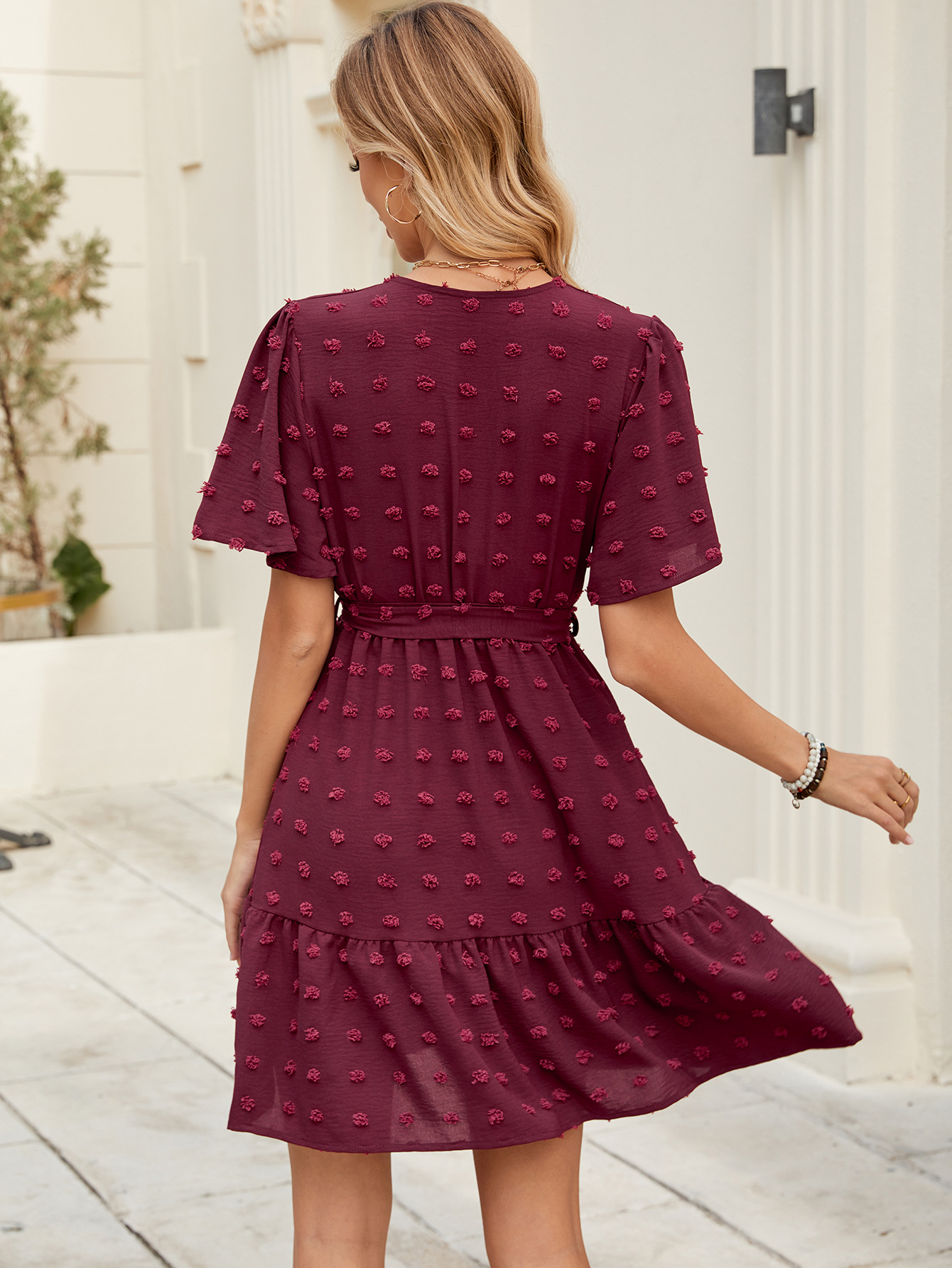 Summer Fur Ball Ruffled Short Sleeve V neck Lace up Waist Tight Dress
