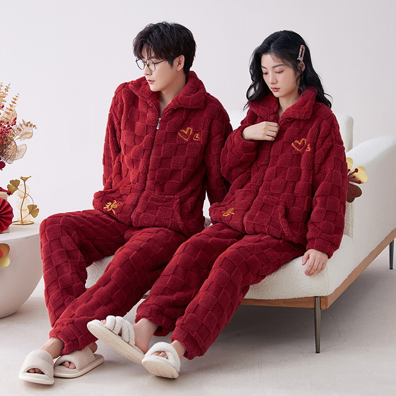 Boda boda roja engrosada de lana forrada de franela pijamas de invierno de las mujeres de coral suelto de lana pareja Pijamas