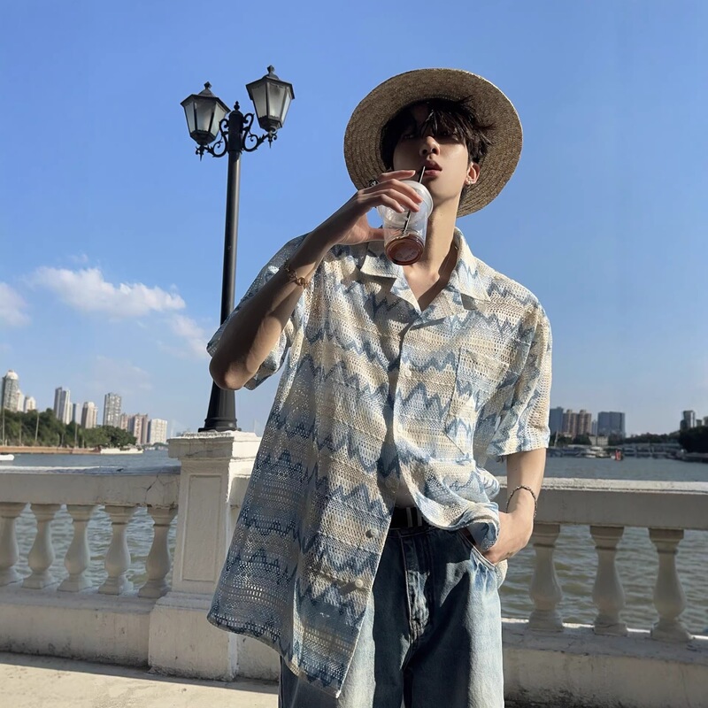 Summer Men's Resort-Style Seaside Patterned Knitted Contrast Color Hollow-Out Shirt for Men and Teenagers, Fashionable and Versatile Shirt Summer Men's Resort-Style Seaside Patterned Knitted Contrast Color Hollow-Out Shirt for Men and Teenagers, Fashionable and Versatile Shirt