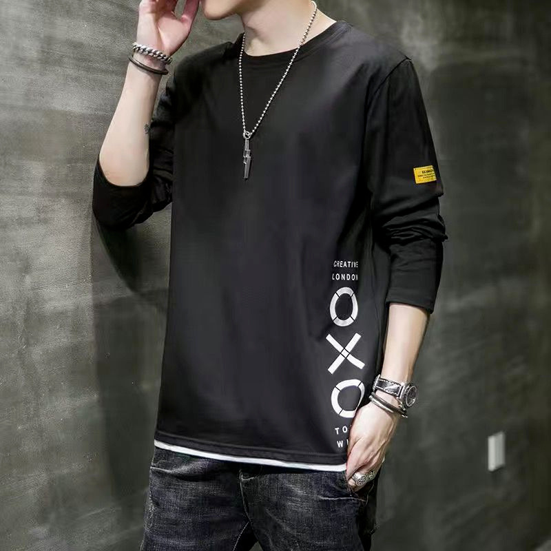 Camiseta de manga larga de primavera y otoño nueva juventud falso de dos piezas Camiseta estilo coreano estudiante camisa de fondo ropa superior de los hombres de moda