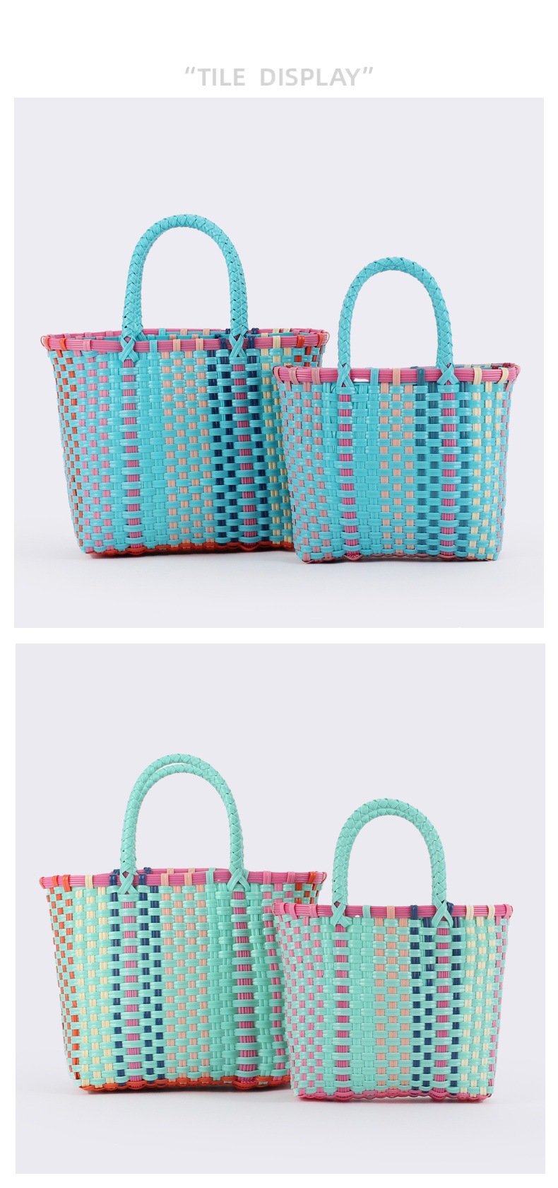 127g Weight Weave Fashion Element Open Closure Type Double Shoulder Straps Strap Type Women's Large Plastic Plaid Vacation Beach Weave Square Open Beach Bag