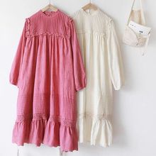 日系森女百搭纯色花边领风琴褶皱连衣裙韩国东大门长袖套头裙子秋