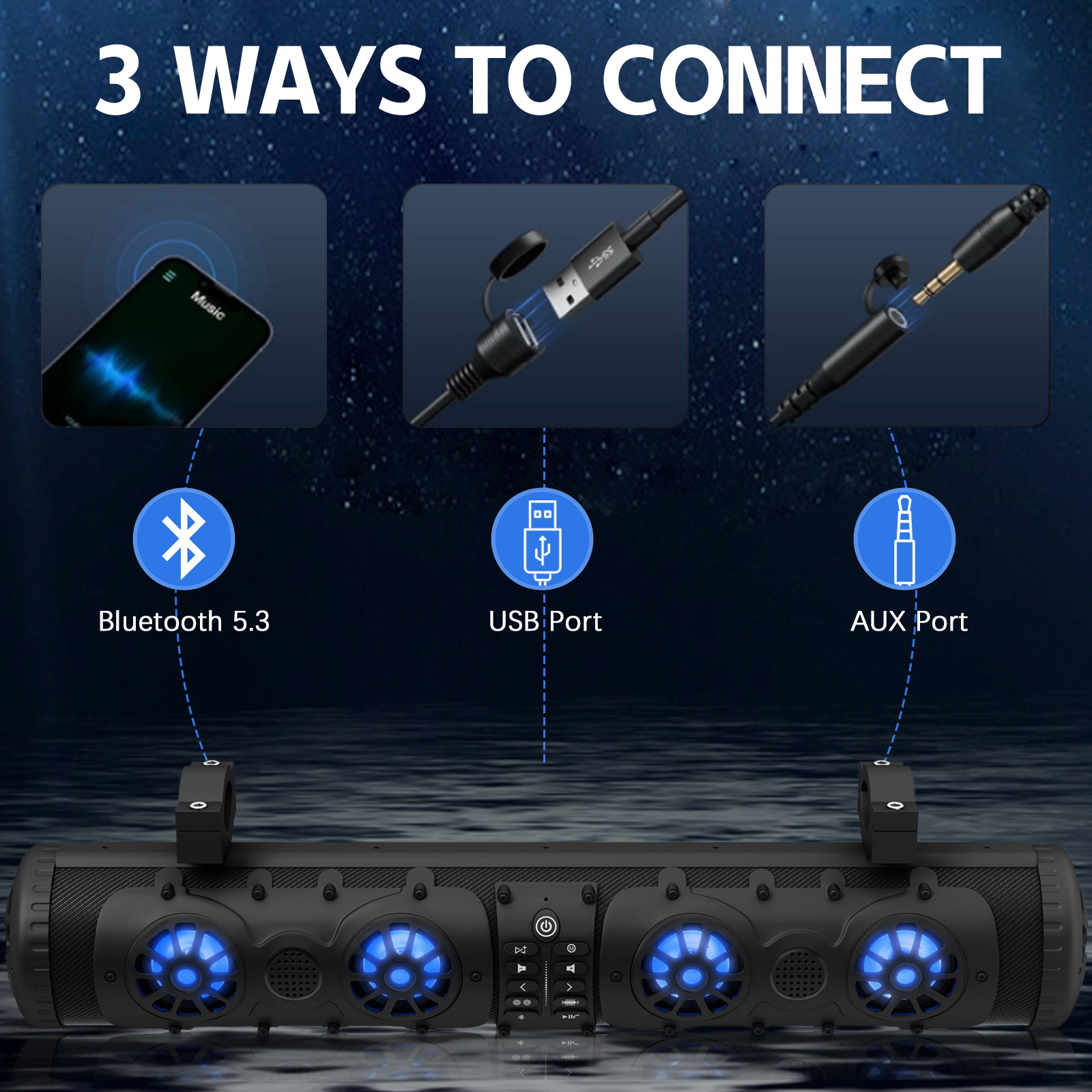 27inch Utv Golf Cart Atv Beach Vehicle Soundbar Bluetooth Speaker with USB and Aux Led