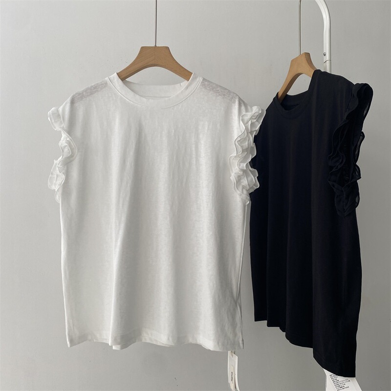 Clearance Sale, No Returns or Exchanges. P48 White Flutter Sleeve Sleeveless Round Neck T-Shirt for Women, New Summer Fashion Versatile Style