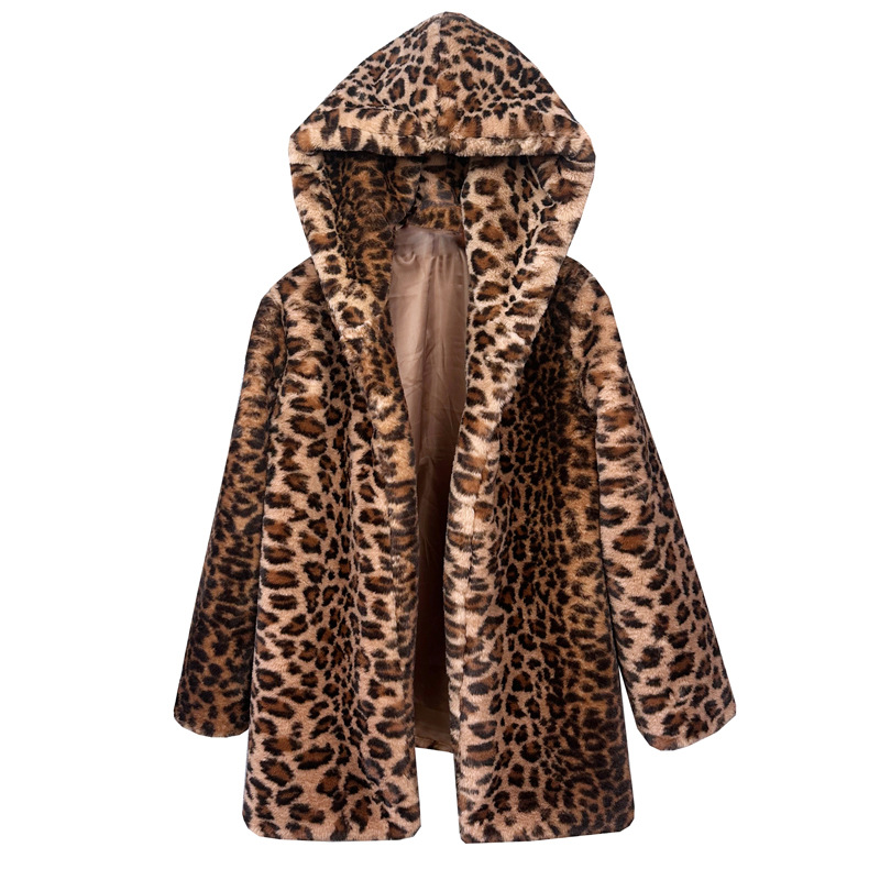 Women's Clothing Leopard print rabbit fur mid length hooded loose fur coat_voghion.com
