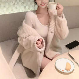 【冬日月光 仿真貂仿环保皮草】翻领外套+绑带女