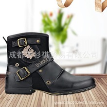 跨境独立站工装鞋男靴爆款机车靴时尚复古侧拉链皮革高帮靴休闲鞋