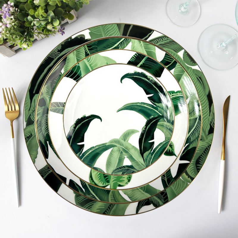 26-Year-Old Shanxi Shuozhou Light Luxury Retro Banana Leaf Gold-Edged Bone China Dinnerware Set for Home Use 26-Year-Old Shanxi Shuozhou Light Luxury Retro Banana Leaf Gold-Edged Bone China Dinnerware Set for Home Use