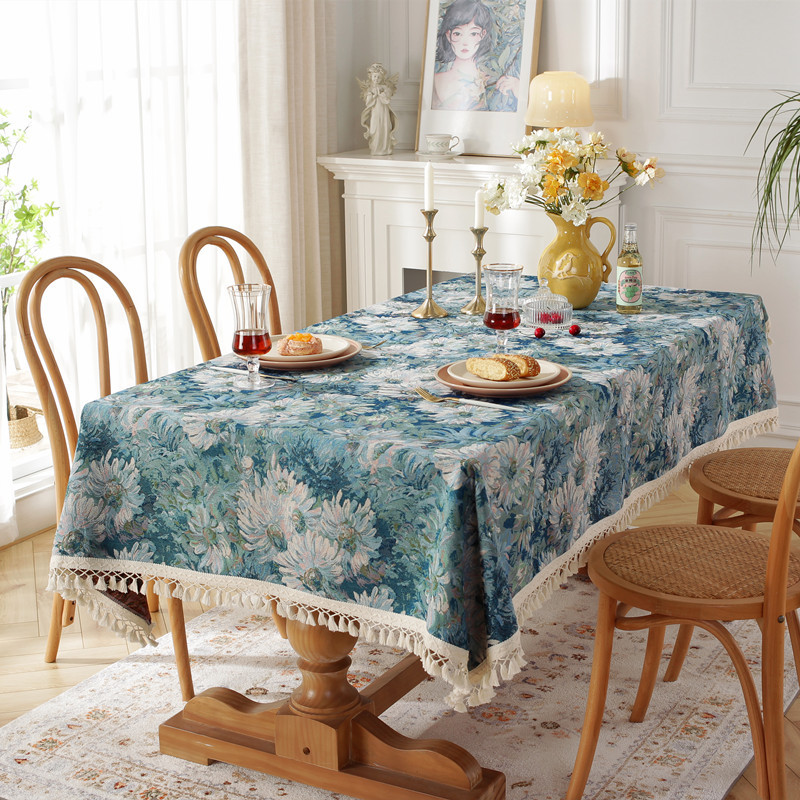 Vintage Polyester-cotton Yarn-dyed Jacquard Oil Painting Black Daisy Tassel Rectangular Coffee Table Dining Tablecloth_voghion.com