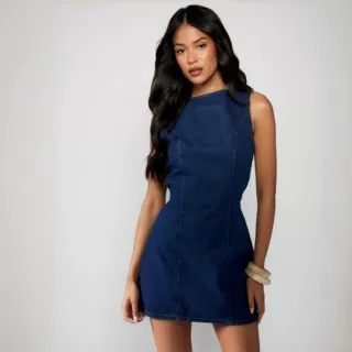牛仔连衣裙春秋款三个色长拉链欧美亚马逊JEANS秋纯色显瘦欧美风
