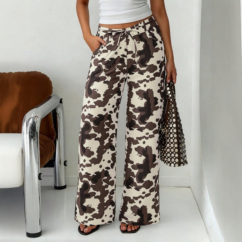Cross-Border European and American Cow Print Jeans for Women Y2K High Street Washed Distressed Straight Pants Loose Floor-Length Pants