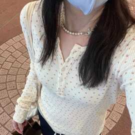 BM风春秋新款圆领五粒扣华夫格碎花长袖T恤女 bm显瘦百搭打底上衣