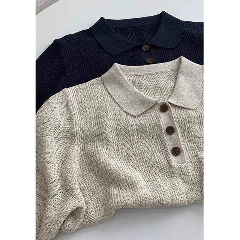 日系复古翻领针织短袖polo衫女夏季半袖冰丝薄款气质短款百搭上衣