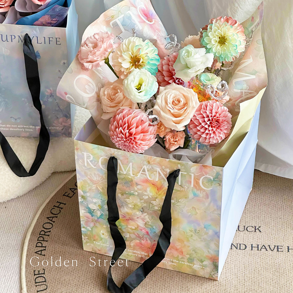 Siciliana pintura al óleo bolsas de mano bolsas de ramo de flores vintage materiales de flores al por mayor bolsas de regalo cuadradas