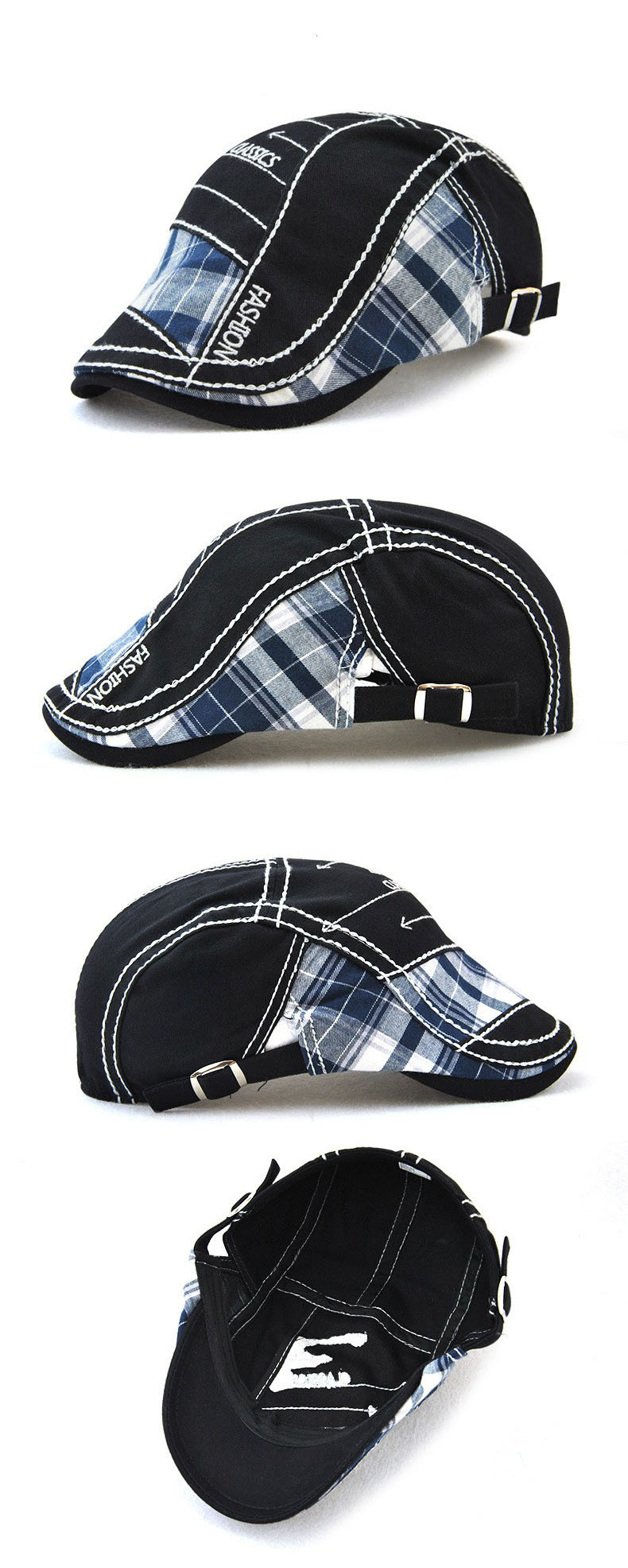 Cappello da anatra unisex in tessuto scozzese con giunture parallele a freccia ricamata con filo, visiera esterna_voghion.com