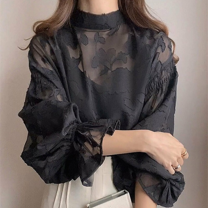 Japanese Foreign Trade Spring and Autumn New Long Sleeve Base Shirt Lantern Sleeve Lace Shirt Top Shirt Shirt Shirt Loose Two-sided Wear