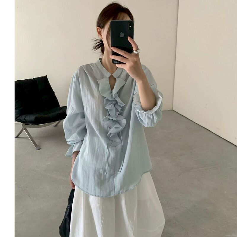 Shenghong Early Autumn Tencel Linen Ruffled Elegant Tie-Waist Long-Sleeve Shirt Loose Vacation Sun-Protective Top