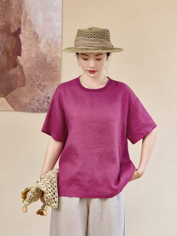 Multi-Color Pure Linen Short-Sleeved T-Shirt 2026 Summer New Style Basic Style Fully Hemmed Round Neck Pullover Top 2636