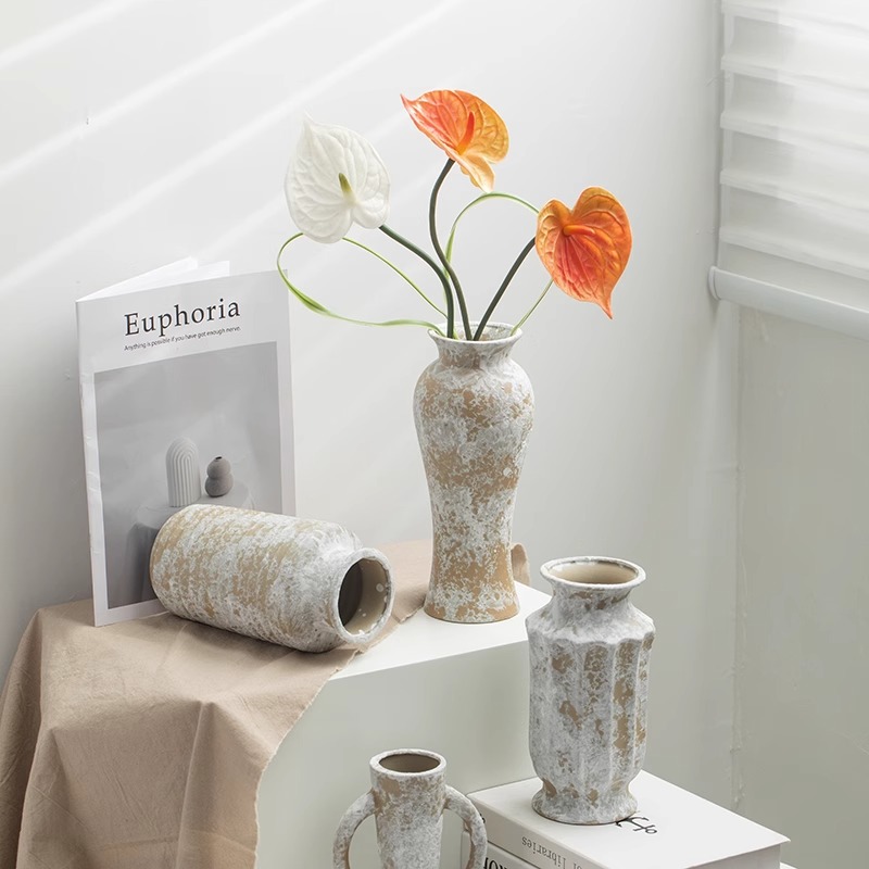 Decoración de cerámica de estilo retrógrado silencioso jarrón de flores secas sala de estar hidropónica decoración floral de alta calidad lujosa