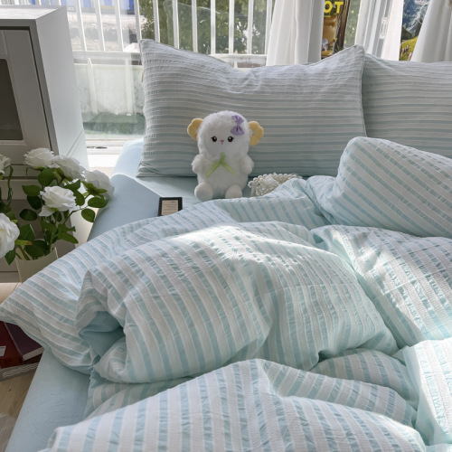 Small fresh seersucker 100 washed cotton bed four-piece set ins style bed sheet quilt cover dormitory three-piece bedding set