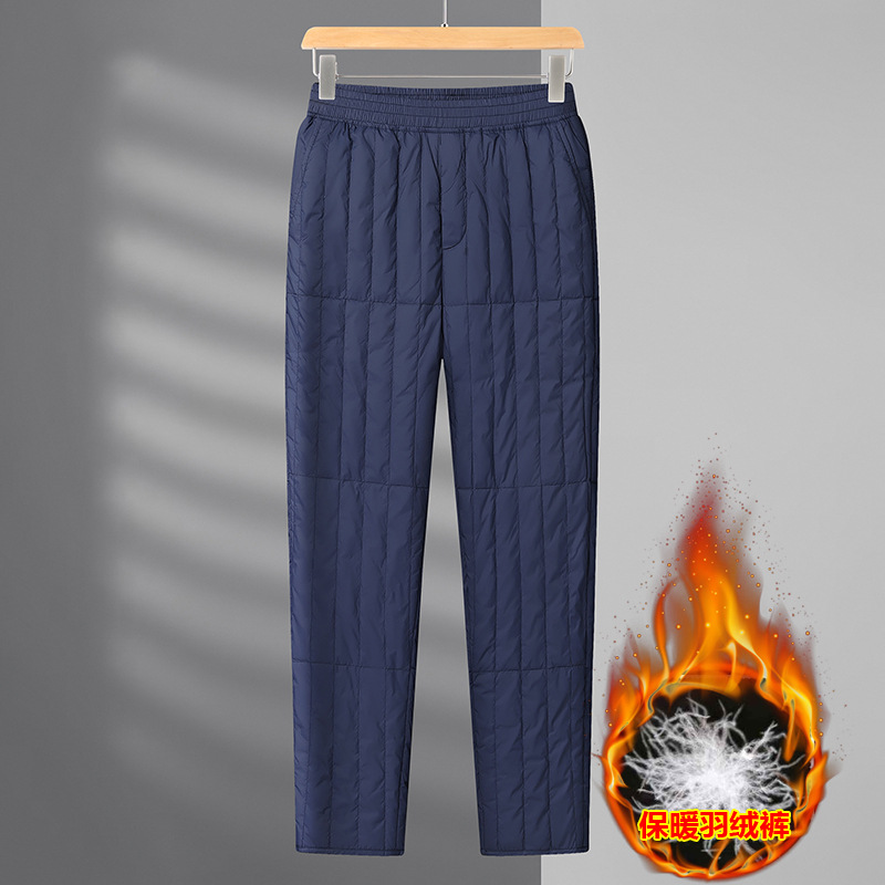 Men's white duck down-filled pants with cotton lining, extra-large size, medium-high waist, winter fleece-lined sweatpants for middle-aged and elderly men.