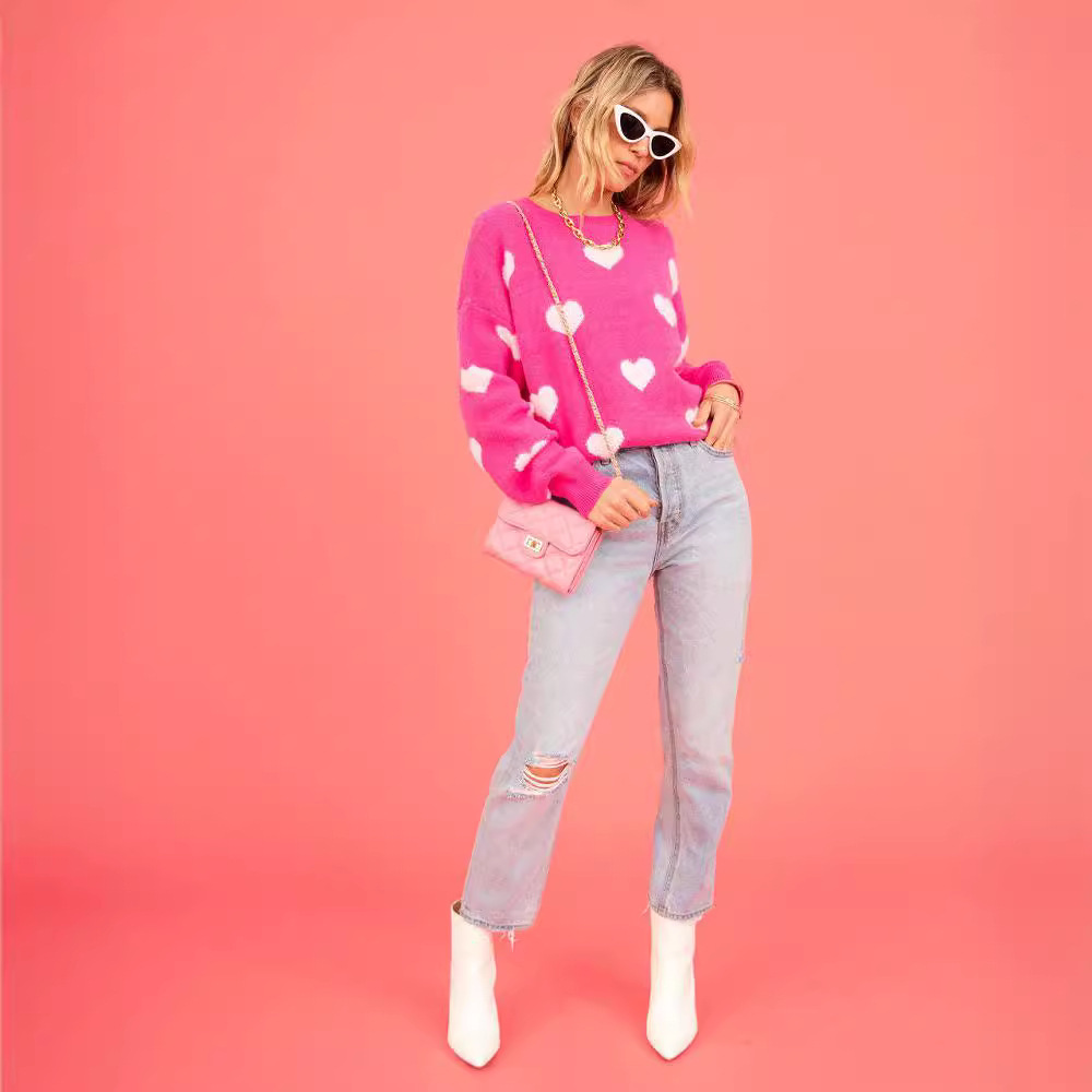 Suéter de Mujer Estilo Europeo y Americano, Primavera 2023, Cuello Redondo, con Corazón, para el Día de San Valentín, Talla Grande