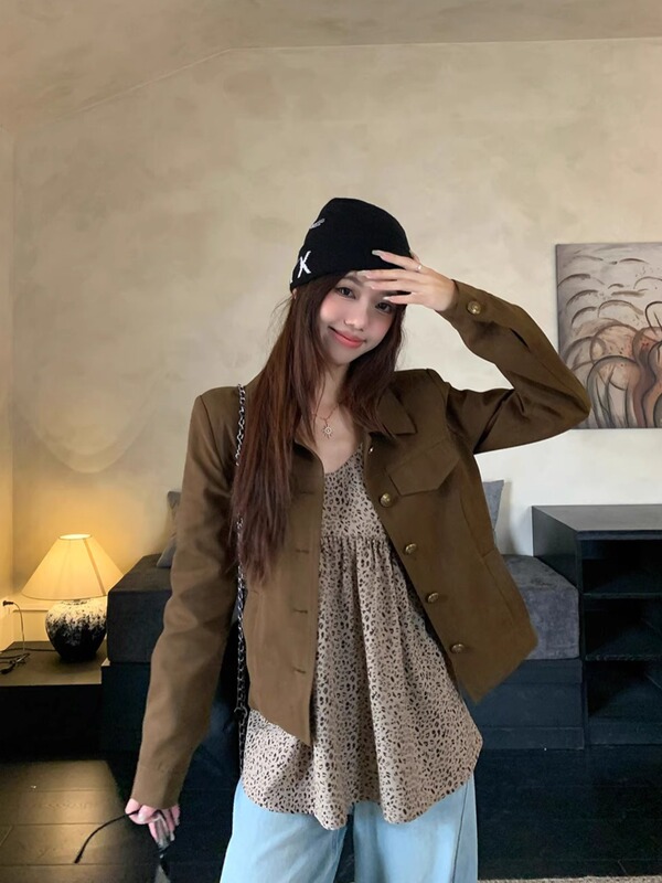 时尚套装气质翻领棕色外套女2025秋季新款复古豹纹吊带背心两件套|undefined