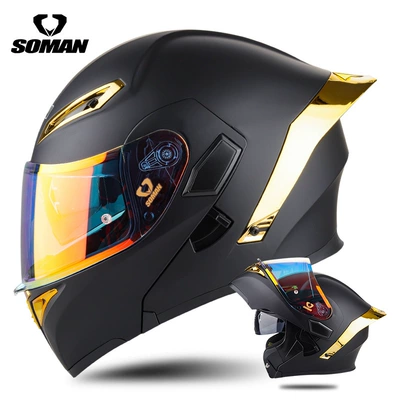 Soman Motorcycle Dual-Lens Helmet: Motosiklet kaskı (dəbilqə) - matt-black-electroplated-gold-with-revo-red-s