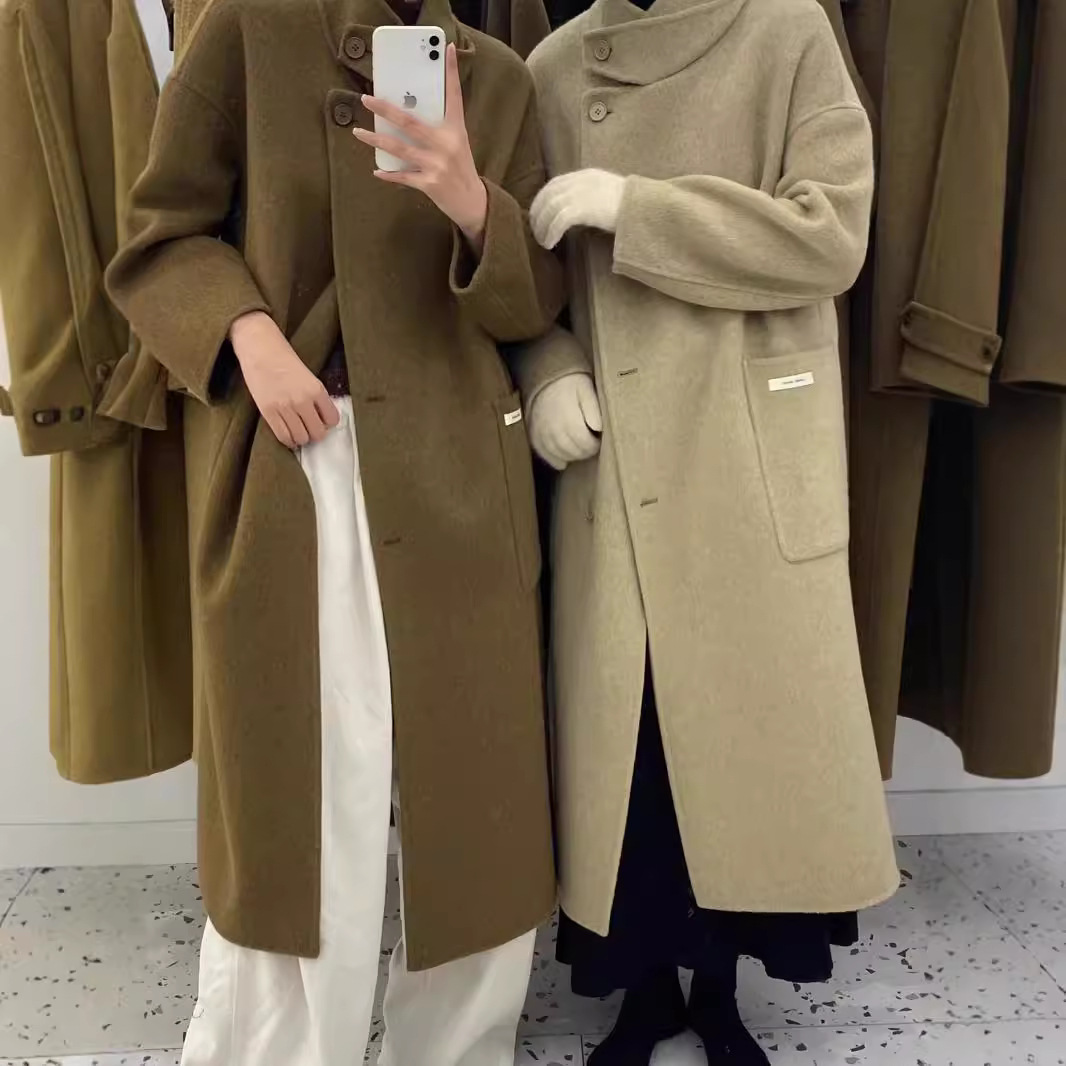 韩国东大门2025秋冬新款双面羊绒大衣女中长款立领宽松赫本风外套
