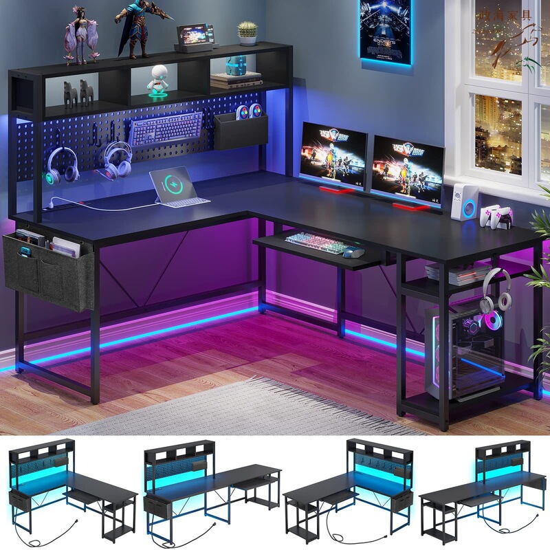 Cross-Border Amazon Large-Capacity Storage Desk with Desktop Storage Rack L-Shaped Corner Desk with Led Light Trendy Computer Desk