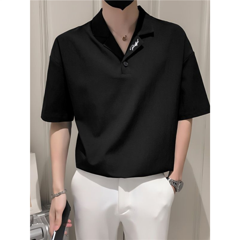 Handsome Men's Short-Sleeved T-Shirt Summer Pure Color Three-Quarter Sleeve Shirt 2025 New Clothes High-End V Neck Polo Shirt