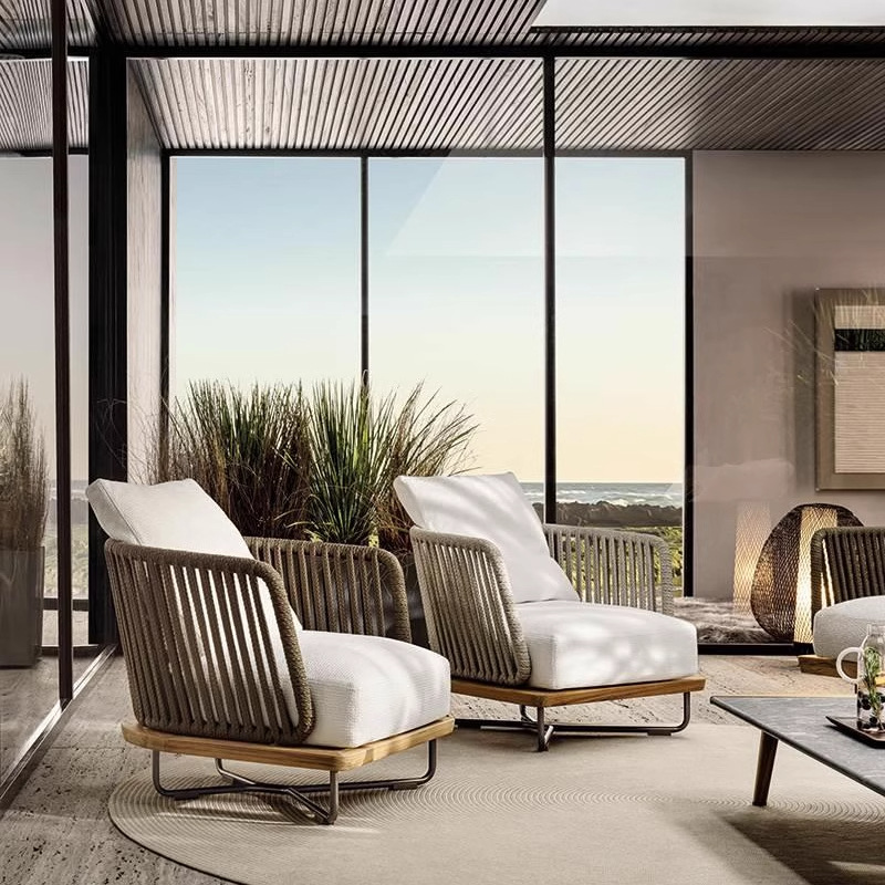 Muebles de ocio al aire libre nórdicos patio balcón al aire libre jardín al aire libre impermeable solar madera maciza sofá de caña combinación