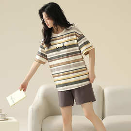 休闲圆领睡衣女士夏季薄款纯棉卡通青少年家居服条纹全棉套装