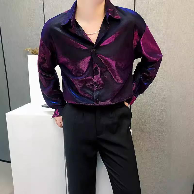 Relaxed Reflective Shirt Men's Spring and Autumn Hot-looking Non-ironing Draped Casual Loose Hair Stylist Long-sleeved Shirt